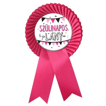 Magenta Rózsaszín Szalagos Szülinapos Lány Rózsaszín-Fekete Parti Kitűző