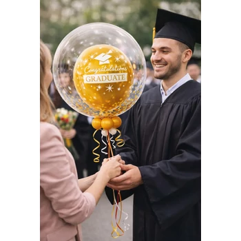 Töltött bubble (deco bubble) Arany lufi Ballagásra 61cm Héliummal