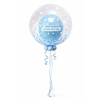 Töltött bubble (deco bubble) Kék lufi Ballagásra 61cm Héliummal
