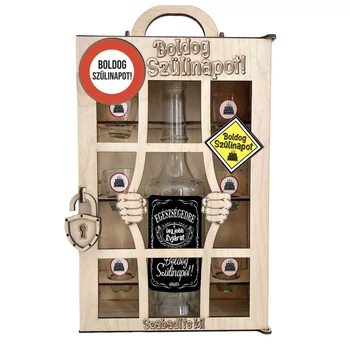 Börtönös Pálinkás Italos Szett - "Boldog Szülinapot" felirattal - Vicces Pálinkás Ital Szett Fa