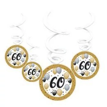 Elegáns 60-as Számos Szülinapi Léggömbös Parti Spirális Függő Dekoráció, 6 db-os
