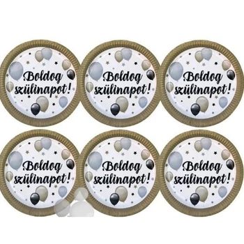 Happy Birthday! Elegáns Léggömbös Szülinapi Parti Papír Tányér, 23 cm-es, 6 db-os