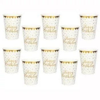Happy Birthday Arany Fehér Parti Papír Pohár - 270 ml, 10 db-os