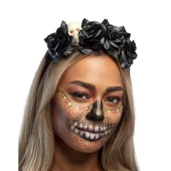 Hajpánt - Fekete virágokkal és koponyával