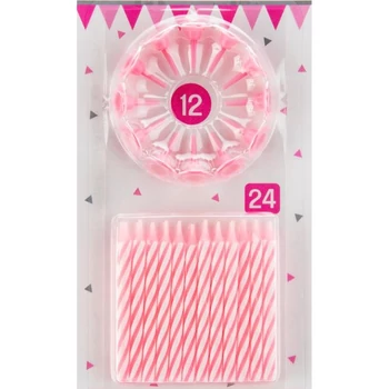 Rózsaszín tortagyertya - 24 darab, 12 darab tartóval