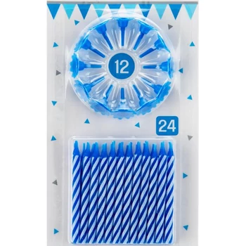 Kék tortagyertya - 24 darab, 12 darab tartóval