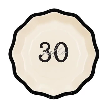 Papírtányér - Hello 30, fekete-fehér