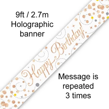 Happy Birthday banner – fehér/rosegold, 2,7 m (holografikus hatás)