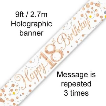 Happy 18th Birthday banner – fehér/rosegold, 2,7 m (holografikus hatás)