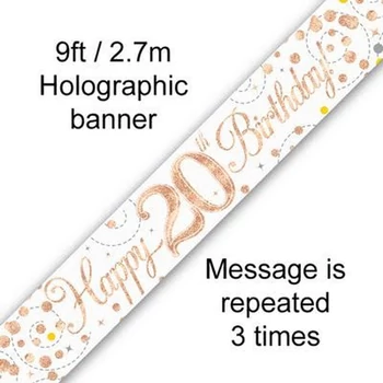 Happy 20th Birthday banner – fehér/rosegold, 2,7 m (holografikus hatás)