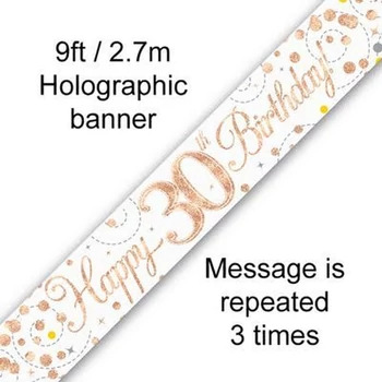 Happy 30th Birthday banner – fehér/rosegold, 2,7 m (holografikus hatás)
