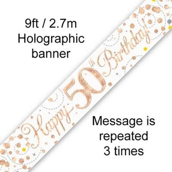 Happy 50th Birthday banner – fehér/rosegold, 2,7 m (holografikus hatás)