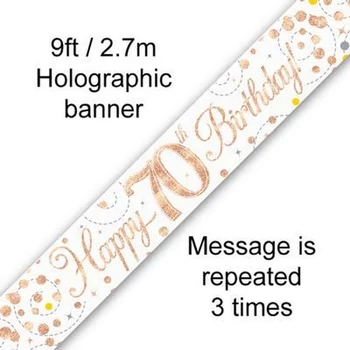 Happy 70th Birthday banner – fehér/rosegold, 2,7 m (holografikus hatás)