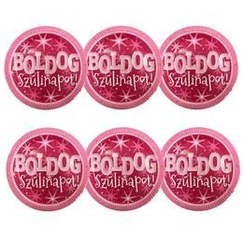 Papírtányér - Boldog szülinapot, Rózsaszín, 6db