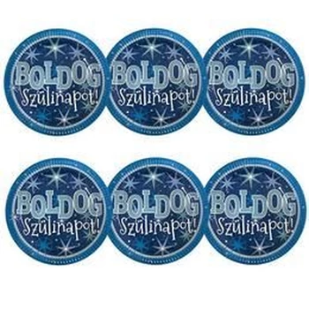 Papírtányér - Boldog szülinapot, Kék, 6db