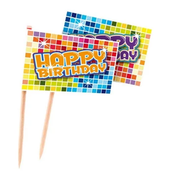 Színes Kockás Happy Birthday feliratos szülinapi falatka pálcika