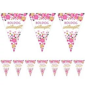 Boldog Szülinapot! Rózsaszín Pasztell Konfettis Zászlófüzér - 5 m