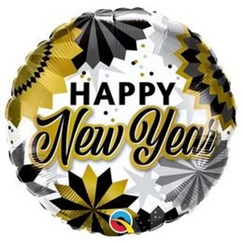 18 inch-es Boldog Új Évet - New Year Black & Gold Fans Fólia Lufi Szilveszterre