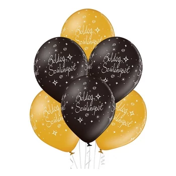 Boldog Szülinapot Gold és Black - Arany és Fekete Kerek Gumi (Latex) Lufi, 6 db, Héliummal