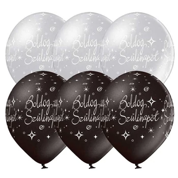 11 inch-es Boldog Szülinapot Silver és Black - Ezüst és Fekete Lufi (6 db/csomag) Héliummal