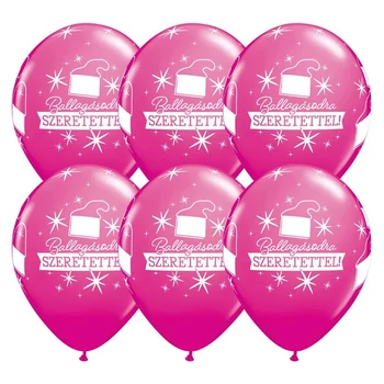 11 inch-es Ballagásodra Szeretettel Diplomakalap Mintás Vad Málna Lufi Ballagásra (6 db/csomag), Héliummal