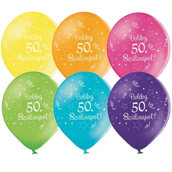 11 inch-es Boldog 50-es Számú Szülinapot Feliratú Shining Star Tropical Assortment Születésnapi Léggömb (6 db/csomag), Héliummal