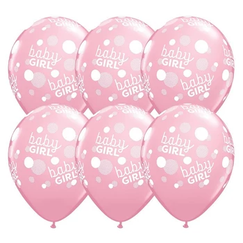 11 inch-es Baby Girl - Baba Lány Rózsaszín Dots - Pöttyös Lufi Babaszületésre (6 db/csomag), Héliummal
