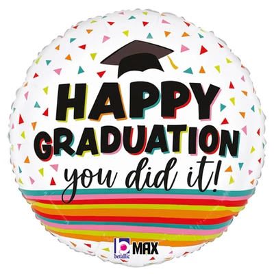 Szivárványcsíkos Happy Graduation Ballagási Lufi, 46 cm Héliummal