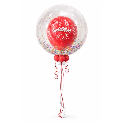 Töltött bubble (deco bubble) Piros lufi Ballagásra 61cm Héliummal