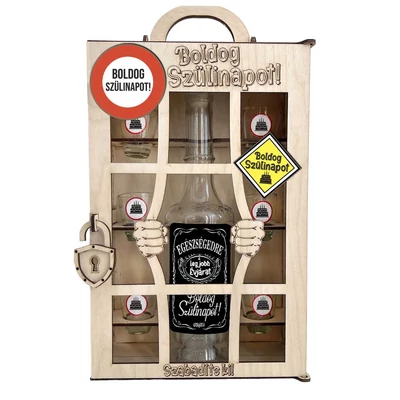 Börtönös Pálinkás Italos Szett - "Boldog Szülinapot" felirattal - Vicces Pálinkás Ital Szett Fa