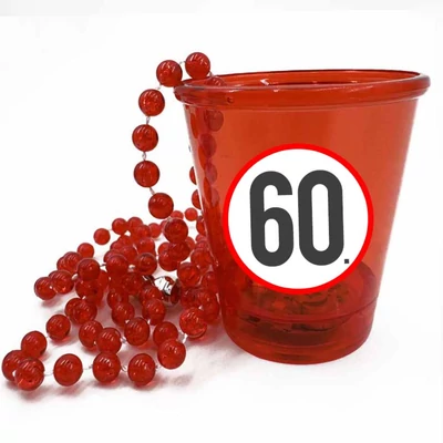 60 karikás, PIROS színű - Nyakba Akasztható Felespohár, LED világítással - Ajándék 60. Szülinapra