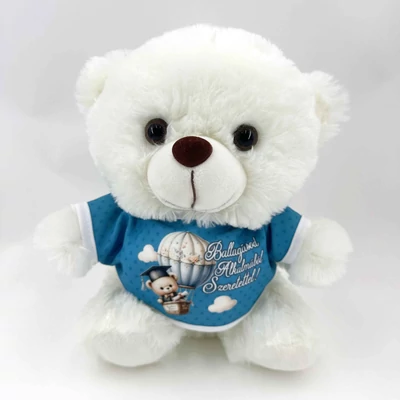Plüss maci fehér feliratos pólóval - Ballagásod Alkalmából Szertettel - Ajándék Ballagásra 25cm
