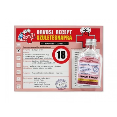 Vicces orvosi recept + flaska 18. Születésnapra 20x15cm