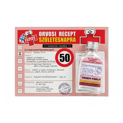 Vicces orvosi recept + flaska 50. Születésnapra 20x15cm