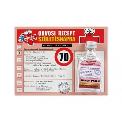 Vicces orvosi recept + flaska 70. Születésnapra 20x15cm