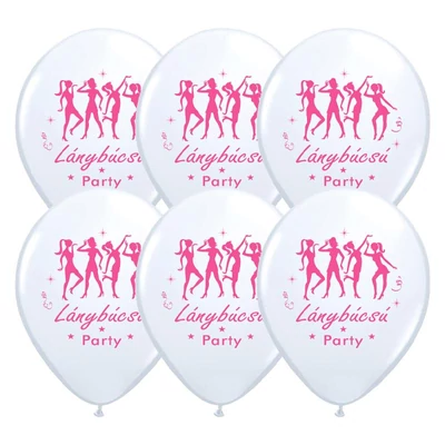 11 inch-es Táncolós Lánybúcsú Party Fehér Lufi Pink Nyomattal (6 db/csomag), Héliummal