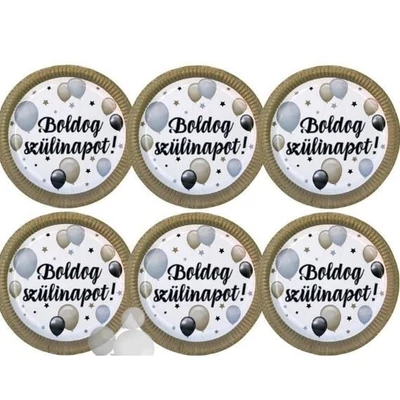 Happy Birthday! Elegáns Léggömbös Szülinapi Parti Papír Tányér, 23 cm-es, 6 db-os