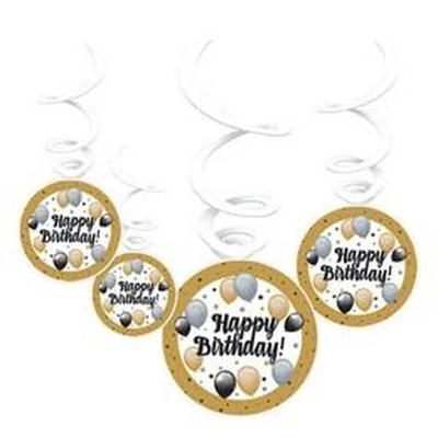 Elegáns Happy Birthday! Léggömbös Parti Spirális Függő Dekoráció, 6 db-os