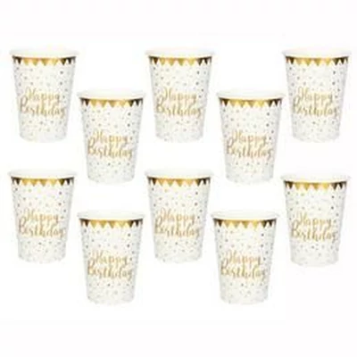 Happy Birthday Arany Fehér Parti Papír Pohár - 270 ml, 10 db-os
