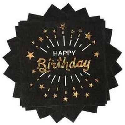 Happy Birthday Arany Fekete Szülinapi Parti Szalvéta - 17 cm x 17 cm, 10 db-os