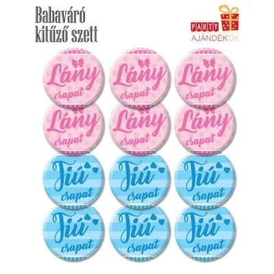 Babaváró Kitűző Szett Gender Partyra - Lány Csapat/Fiú Csapat - 2 X 6 DB