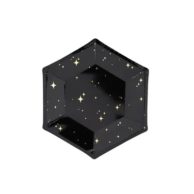 Tányér - Papír Fekete arany csillagokkal 20cm 1csomag/6db