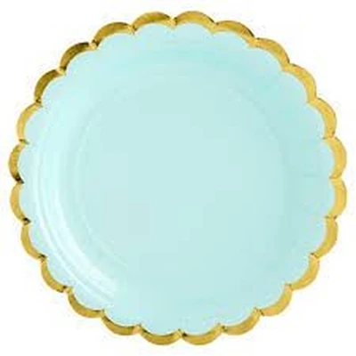 Tányér - Papír Menta színű. arany szegéllyel 6 darab/csomag 18cm