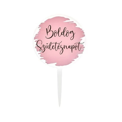 Tortadísz - Sziluett beszúró "Boldog Születésnapot", rózsaszín, kör 15cm