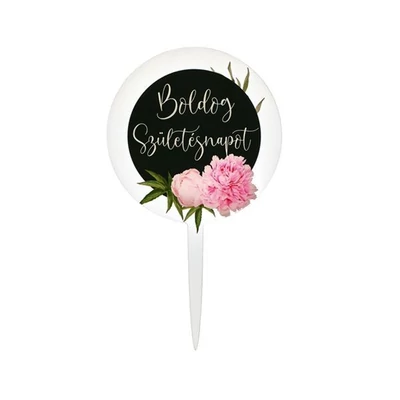 Tortadísz - Sziluett beszúró "Boldog Születésnapot", fekete-rószaszín, virágos, kör