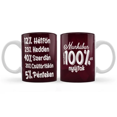 Vicces Bögre - Munkában mindig 100% - Vicces Ajándék Ötlet