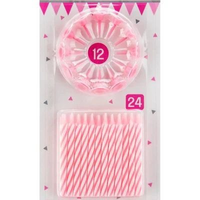 Rózsaszín tortagyertya - 24 darab, 12 darab tartóval