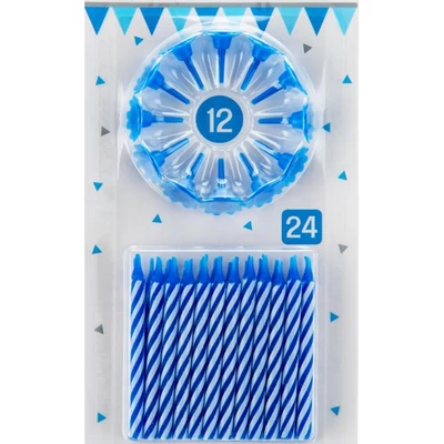 Kék tortagyertya - 24 darab, 12 darab tartóval