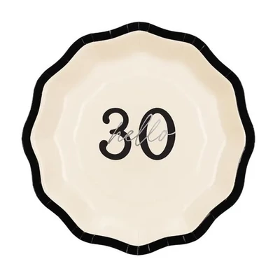 Papírtányér - Hello 30, fekete-fehér