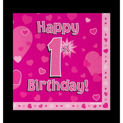 Szalvéta Happy 1st Birthday, rózsaszín, 16 db-os